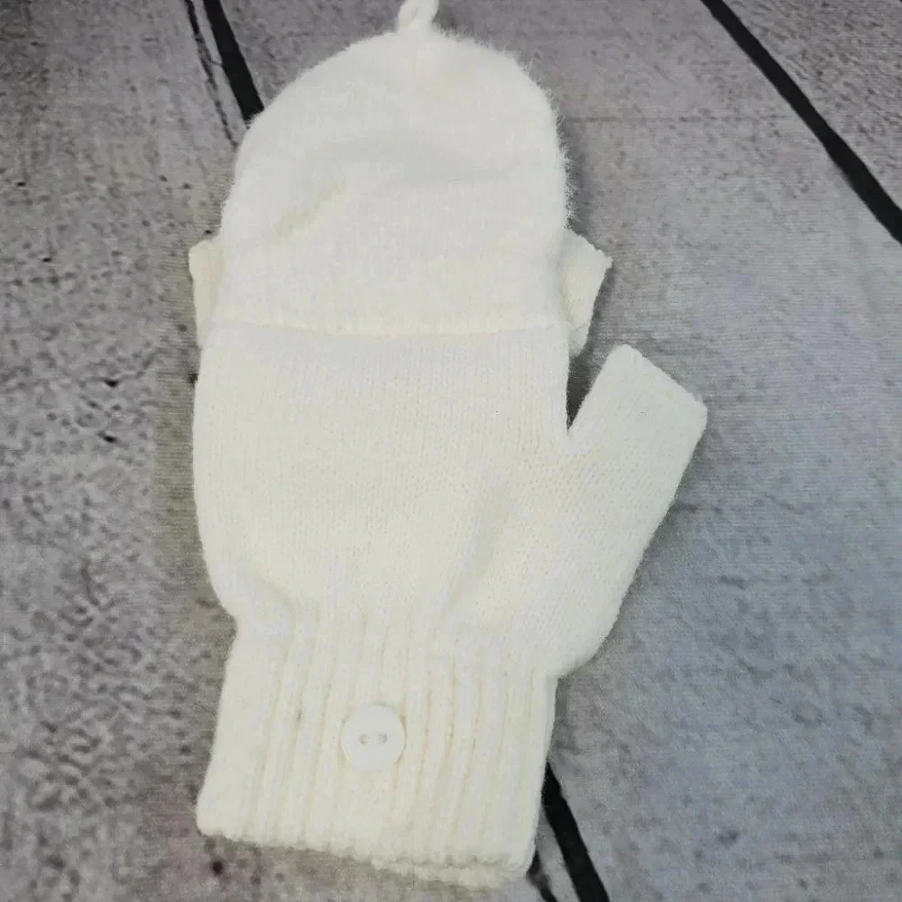 White Knit hat with Super Pom and Faux Pearl Accents Hat and Fingerles Glove set